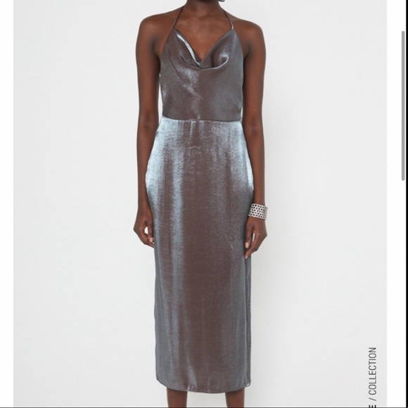 ZARA Silver Metallic Back Laced Slip Dress - Picture 7 of 15
